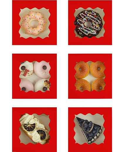 Bakepacker 100pcs Red Cookie Boxes 6x6x3 inches Easy Assemble Macaroon Pastry Boxes Bakery Boxes with Window for Bakery