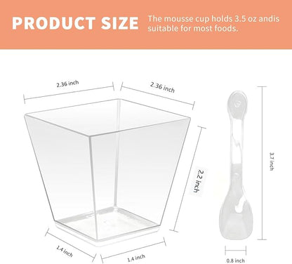 50 Pack 3.5 oz Clear Plastic Square Dessert Cups with Spoons，Mini Disposable Parfait Cups for Yogurt, Ice Cream and Tasting，Serving Cups for Appetizer，Pudding，Party (3.5 oz)