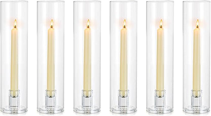 NUPTIO Candle Stick Candle Holder: Clear Glass Hurricane Candlestick Holders - Set of 6 Modern Taper Candle Stand with 11.8 inch Long Chimney Cover for Thanksgiving Christmas Fireplace Table Decor