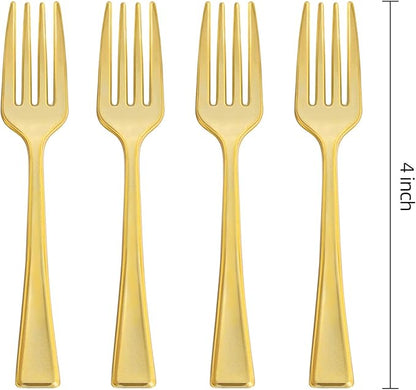 N9R 300PCS Gold Plastic Mini Forks, 4 Inches – Heavy Duty Disposable Cocktail, Dessert & Appetizer Forks, Elegant Party Serving Utensils for Tastings, Finger Foods, Weddings, Events