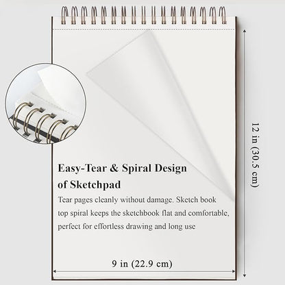 9"X12" Sketch Book Bulk, Top Spiral Bound Sketch Pad, 3 Pack 100 Sheets Each (68lb/100gsm), Acid Free Art Sketchbook Artistic Drawing Painting Writing Paper for Kids Adults Beginners Artists