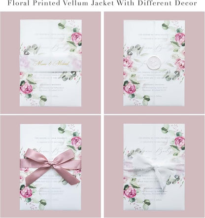 PONATIA 50 PCS Vellum Jackets for 5x7 Invitation Cards - Dusty Rose Flowers Vellum Sleeves, Transparent Gift Card Jackets