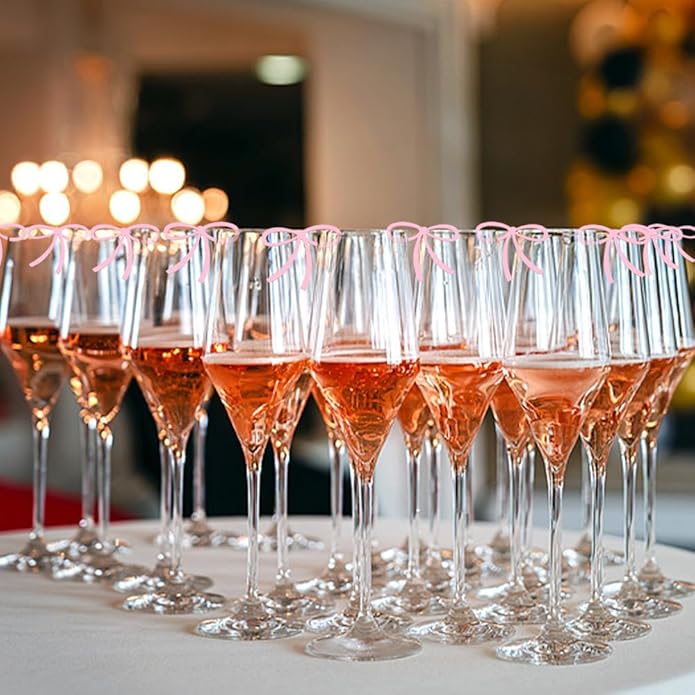 24 Pcs Pink Bow Drink Markers, Pink Bows Charms, Wine Coquette Wine Glass Tags, Drink Glasses Markers, Bar Tools Bow Acrylic Bowknot for Wedding Engagement Bachelorette Party Birthday