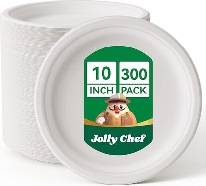 JOLLY CHEF Compostable Heavy Duty Plates 𝟭𝟬 𝗜𝗻𝗰𝗵 [𝟯𝟬𝟬 𝗣𝗮𝗰𝗸] Eco-Friendly Disposable White Paper Plates Made of Bagasse Biodegradable Bulk for Party Dinner Sugarcane Fibers Round 300 Count
