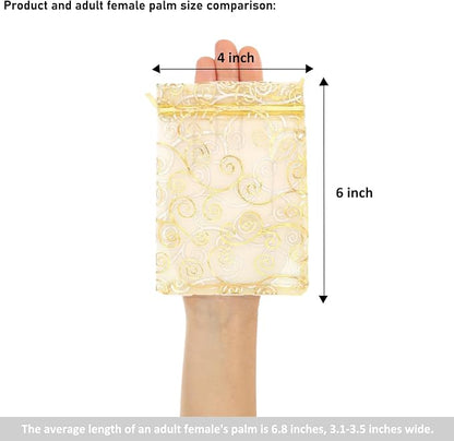 Staruby Organza Gift Bags 100Pcs Gold Sheer Organza Bag 4x6 Inch Mesh Favor Bags Drawstring Jewelry Rattan Printed Gift Pouches for Wedding Party Favors Couple Shower Christmas Gifts Candy Bags