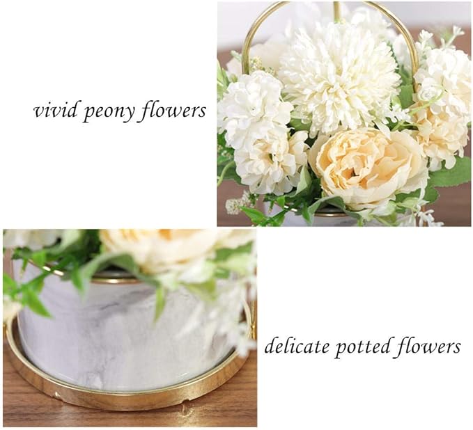 KIRIFLY Fake Artificial Flowers in Vase Faux Peony Silk Hydrangea Flower Centerpieces Décor for Wedding Table Decoration(White in Gold)