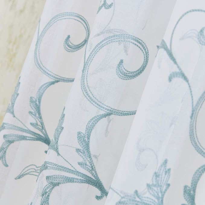Embroidered Floral Sheer Curtains Blue 63 Inch , Rod Pocket Voile Drapes for Living room, Bedroom, Vintage Embroidery Semi Crinkle Curtain Panels for Yard, Patio, Villa, Parlor, Set of 2, 52"x 63".