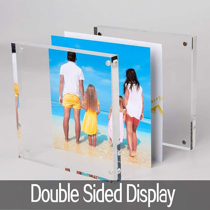 Meetu Acrylic 5x5 Picture Frame 2 Pack Clear Two Sided Desk Photo Frame Magnetic Frame Inner Size 4x4 with Gift Pack for Display Family Pictures Baby Photos Friends Pictures Pet Dog Picture