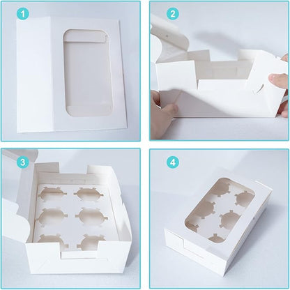 Yeplan 50 Packs Cupcake Boxes,9.4x6.1x3.14 Inches 6 Count Cupcake Box,White Cupcake Containers with Clear Window and Six Treat Holder,Pastry and Cookie Boxes,Bakery Boxes