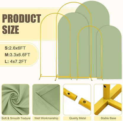 MODFUNS Metal Arch Backdrop Stand and Cover Set 6&6.6&7.2ft Sage Green Arch Backdrop Covers Gold Wedding Arch Stand Set of 3 Spandex Arched Covers for Party Birthday Banquet Wedding Decoration
