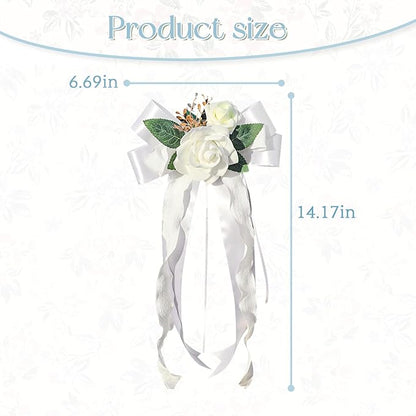 4PCS Wedding Car Door Handle Decorative Flowers, White Artificial Cars Bouquet Flower Bowknot Ribbon Decor, Just Married Automotive Decorations Accessories for Door Handles