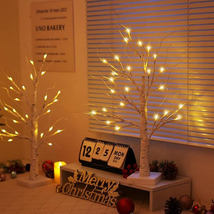 2FT Lighted Birch Tree,Christmas Decorations for Indoor,Table Top Christmas Trees with Lights,Dual Power USB or Battery,Lighted Tree for Winter Holidays Halloween Wedding Decor Set of 2