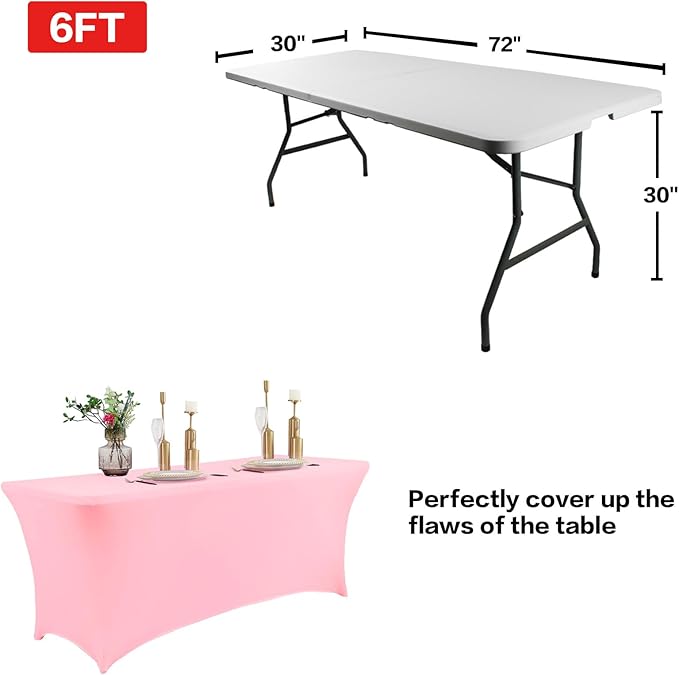 IVAPUPU 8FT Table Cloth for Rectangular Fitted Events Stretch Pink Table Covers Washable Cover Spandex Tablecloth Protector for Party, Wedding, Cocktail, Banquet, Festival