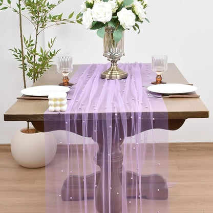 Joanlody Fall Pearl Table Runner 10ft Rustic Boho Tulle Table Runner with Pearls for Baby Shower Wedding Party Veil Dessert Thanksgiving Table Decor Lilac