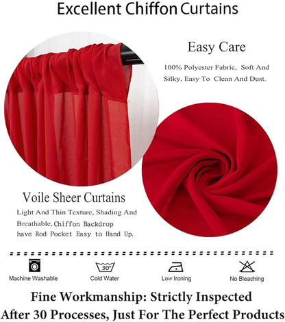 DUOBAO Red Chiffon Backdrop Curtain - 2 Panels 58x120-Inch, Elegant Wedding & Party Decor, 10FT Long Sheer Drapes for Living Room & Photography