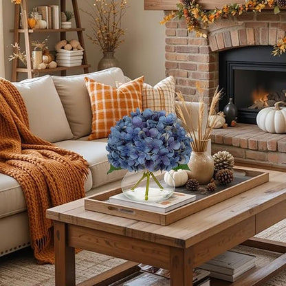 Hollyone Blue Hydrangea Fall Flowers Artificial for Decoration with Glass Vase Autumn Silk Faux Flower Arrangements with Fake Water Table Centerpiece Vase with Flowers Fall Decorations for Home