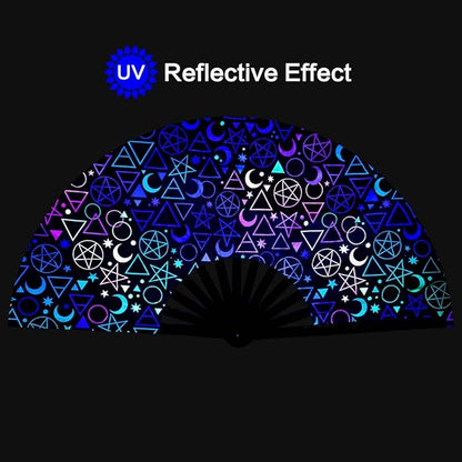 UV Glow Rave Fan, Bamboo Folding Clack Hand Fans Foldable for Men Women, Boots on the Ground Poping Fan for EDM Festival Line Dance Decoration, (Alchemical Signs, Large 13")