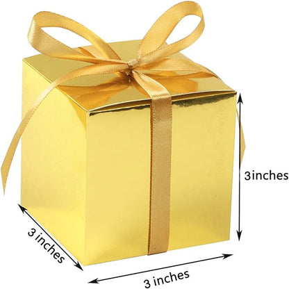 COTOPHER 60pcs Wedding Favor Boxes, Paper Gift Boxes 3x3x3 Inches Small Gift Boxes with Ribbons Small Boxes for Gifts, Crafting, Cupcake, Candy, Bridesmaid Proposal Boxes (Metallic Gold)