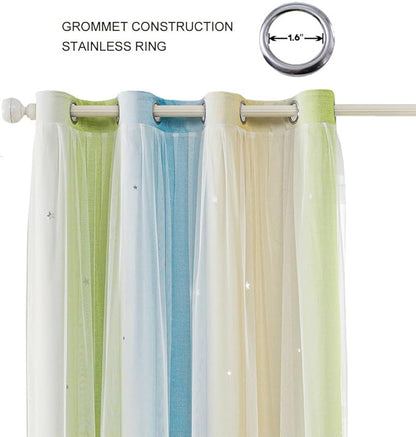 FANLI Ombre Rainbow Blackout Curtains for Kid Girls Bedroom Living Room Darking Stripe Double Layer Star Cut Out Wall Home Decor Gradient Grommet Window Curtains （Blue Green 52Wx95L）