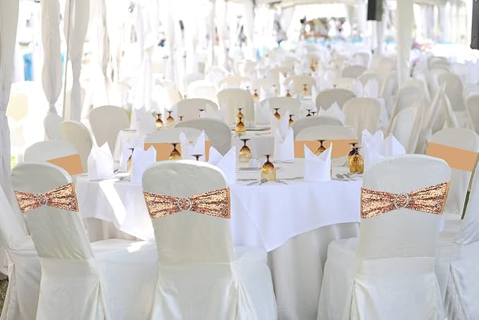 Chair Sashes Sequin Stretch Chair Bands Spandex Polyester Bows for Party Hotel Wedding Banquets Decoration - 6 Pcs Rose Gold