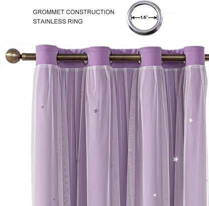 Ombre Rainbow Blackout Curtains for Kid Girls Bedroom Living Room Darking Stripe Double Layer Star Cut Out Wall Home Decor Gradient Grommet Window Curtains (Purple 84L)