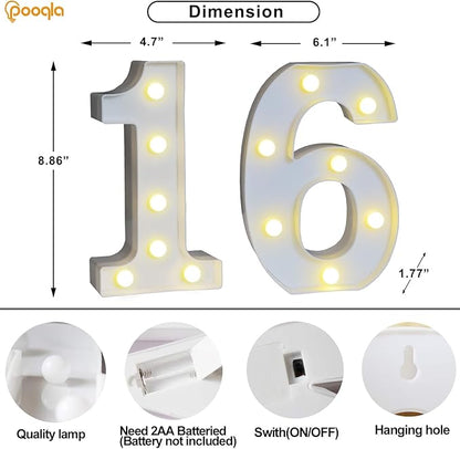 Pooqla 16th Birthday Decorations for Girls Boys, 35 Colors LED Light Up Numbers with Remote, Color Chaning Marquee Numbers Gift for Sweet 16 Party Decoration Wedding Anniversary Decor, Number 16