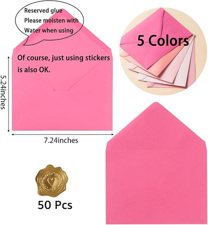 50 Pack Colored A7 Invitation Envelopes 5x7 with Gold Stickers for Cards and Invitations, 5 Colors (Pink, 5 1/4 x 7 1/4 inches)