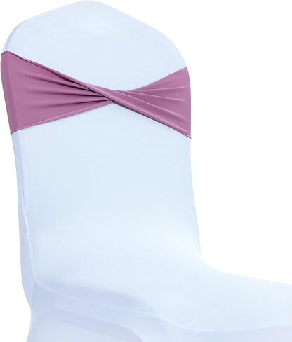 MDS Pack of 50 Spandex Chair Sashes Bows Elastic Stretch Dining Chair Bands Ties Without Slider Buckle Universal fits for Wedding Baby Shower Birthday Party Banquet Event Decoration - Dusty Pink
