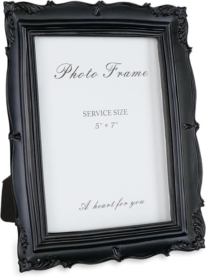 Cuspin Vintage 5x7 Picture Frame Black, Handmade Resin Frame with Carved Texture & Glass Front, Antique Retro Design for Tabletop Display or Wall Hanging, Black Photo Frames Home Decor