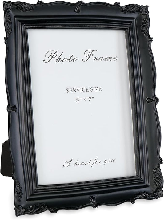Cuspin Vintage 5x7 Picture Frame Black, Handmade Resin Frame with Carved Texture & Glass Front, Antique Retro Design for Tabletop Display or Wall Hanging, Black Photo Frames Home Decor