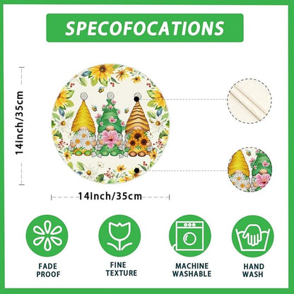 XCHI Daisies Flowers Gnomes Spring Round Placemats Set of 4 Table Mats Summer Seasonal Table Decorations 14x14 Inch