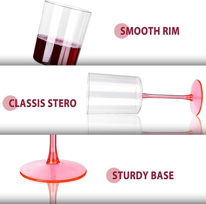 Ciaell 12 Pack 10 Oz Clear Plastic Wine Glasses with Pink Stem - Disposable Cocktail Goblets Perfect for Parties & Weddings & Poolside & Outdoors & Camping & Party