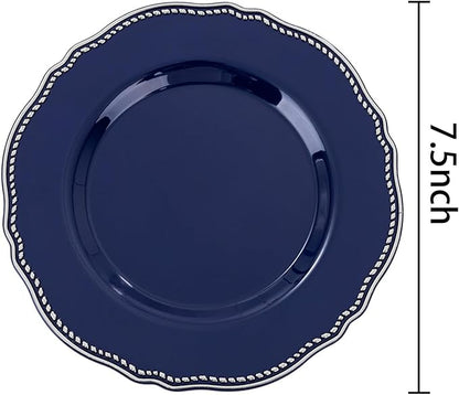 Hioasis 60pcs Blue Plastic Plates - Blue and Silver Disposable Dinnerware with Gold Rim, Heavy-duty, 7.5 inch, Dessert Plates for Party & Wedding