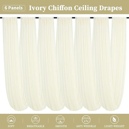 6 Panels Ivory Ceiling Drapes for Wedding 5ftx20ft Chiffon Fabric Arch Draping Curtains Sheer Drapery for Party Ceremony Birthday Baby Shower Reception Stage Swag Ceiling Decorations