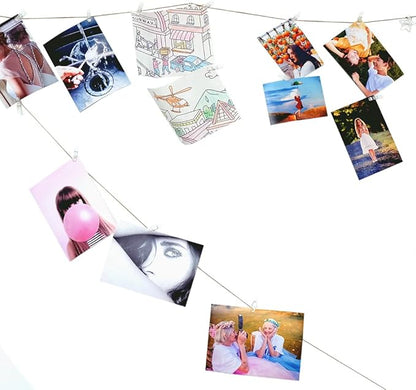 100pcs Photo Clips Mini Clothespins for Photo Wall Hanging Dorm Decor Picture Polaroid Kids Artworks Display with 98ft Twine String & Mini Wall Mount Non-Mark Hooks