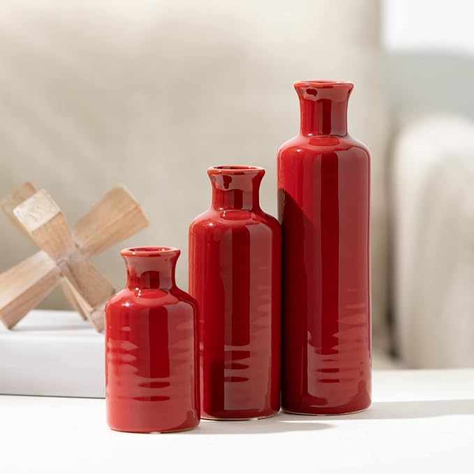 Sullivans Red Vase Set, Farmhouse Decor, Boho Aesthetic Room Decor Vases for Your Kitchen, Bedroom, Office, Living Room & Bathroom, Shelf Decor, Centerpiece Table Decorations (CM2407)
