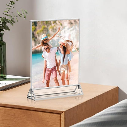 16 Pack 4x6 Clear Acrylic Sign Holders with Silver Borders and Vertical Stand, Double Sided Display Acrylic Table Number Holder for Desktop Table Menu, Wedding, Party, Restaurant