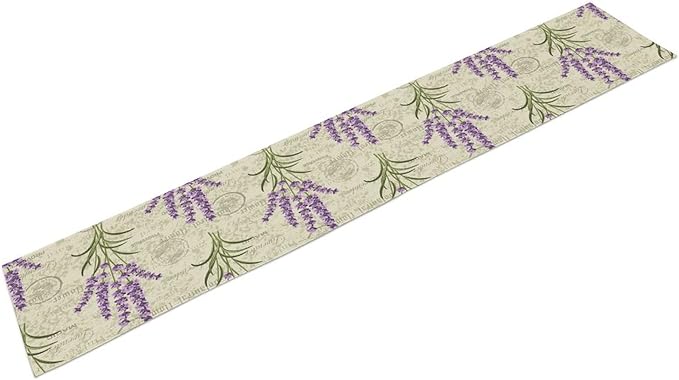Floral Lavender Table Runner,Vintage Rustic Country Romantic Purple Flower Pattern Print Burlap for Hotel Indoors Outdoor Dining Room Kitchen Home Decor, 13x36in