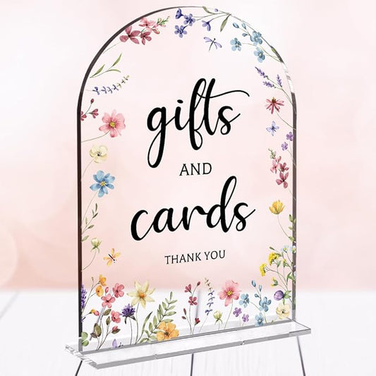 Cards And Gifts Sign, Arch Acrylic Wedding Sign, 5x7 Inch, Wedding Sign Decoration for Wedding Reception & Event Party Table, Bridal Shower Baby Shower Favors for Guests (Flower)