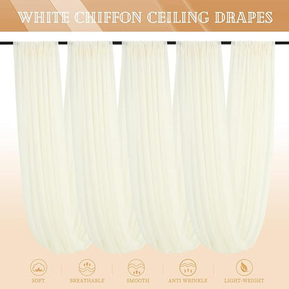 4 Panels Ivory Ceiling Drapes for Wedding 5ftx30ft Sheer Drapery Chiffon Fabric Arch Draping Curtains for Party Ceremony Birthday Baby Shower Reception Stage Ceiling Decorations
