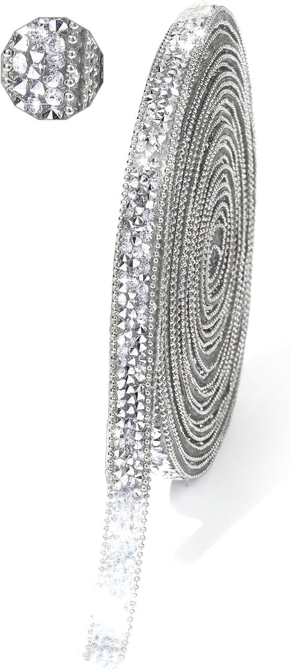 Rhinestone Ribbon 6 Yards Self Adhesive Rhinestone Strips Diamond Ribbon Sticker Crystal Roll Glitter Bling Rhinestones Tape for Crafting DIY Art Decoration (Silver,0.4 Inch)