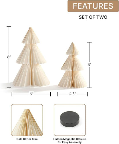 LampLust White Honeycomb Paper Trees, 2 Pack, 6 & 8 Inch, Winter Ornaments, Winter Decorations for Home and Mantel Decor, Winter Wonderland Decorations