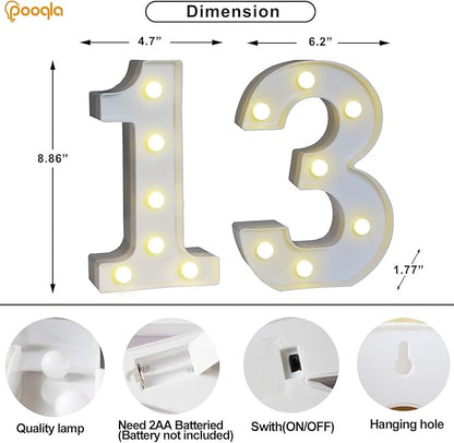 Pooqla 13th Birthday Decorations for Girls Boys, Light Up Number 13 for Party Table Decorations, 13th Birthday Gift for Girls, Backdrop Wall Decor for 13th Wedding Anniversary Decoration