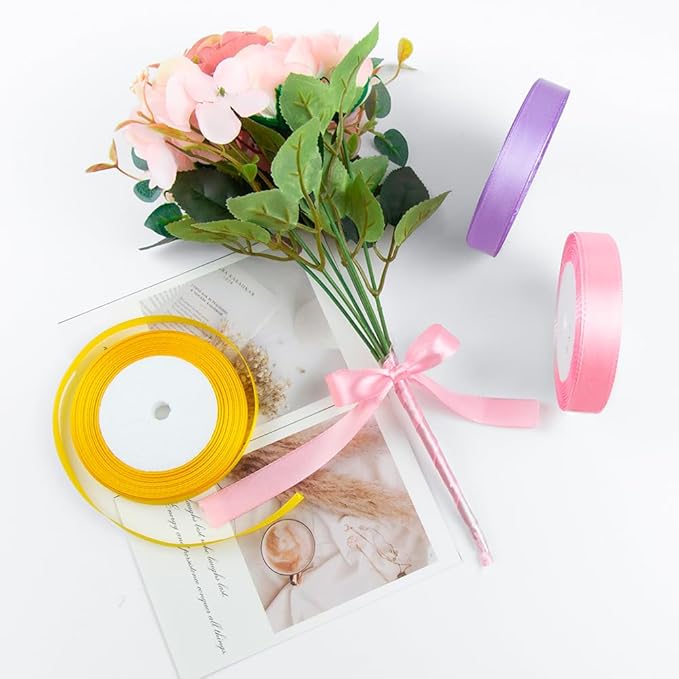 KMER LIFE 3/8 Inches x 25 Yards Golden Satin Ribbon Solid Fabric Ribbons for Crafts, Wedding Decor, DIY Hair Accessories, Sewing, Gift Package Wrapping, Valentine's Day Bouquet and More