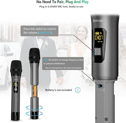 Wireless Microphone, Bietrun UHF Metal Dual Handheld Cordless Dynamic Mic System with Rechargeable Receiver, 1/4‘’Output, for Karaoke, Church, Speech, Wedding, Party Singing(160 ft Range)-Auto Connect