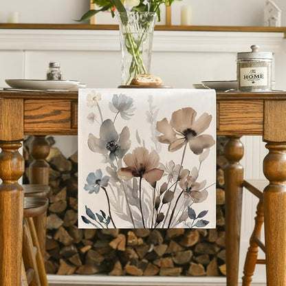 Artoid Mode Brown Poppy Floral Leaves Spring Table Runner, Seasonal Summer Kitchen Dining Table Decoration for Home Party Decor 13x108 Inch