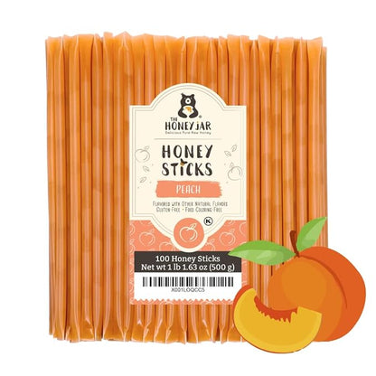 The Honey Jar Peach Flavored Honey Sticks - Pure Honey Straws For Tea, Coffee, or a Healthy Treat - One Teaspoon of Flavored Honey Per Stick - Made In The USA with Real Honey - (100 Count)