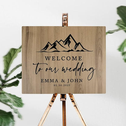 Andaz Press Large Wooden Welcome Sign for Wedding, Rustic Welcome Sign 16" x 20" Custom Names Mountain Woodland Wedding Signage English Oak MDF Wood Finish Wedding Reception Indoor Outdoor Signs