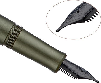 Hongdian M2 Black Forest Mini Fountain Pen, Long Blade Nib & Sleek Shape Aluminium Short Pocket Travel Pen (Army Green)