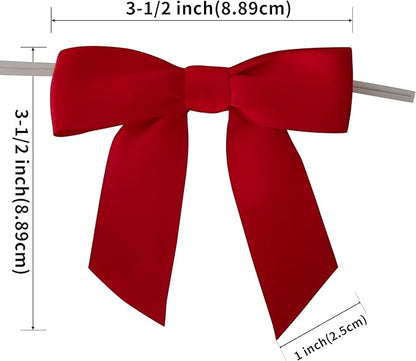 50pcs 3-1/2" Red Satin Ribbon Bows with Twist Ties Giant Bows for Christmas Holiday Gift Packing&Wrapping (Red)